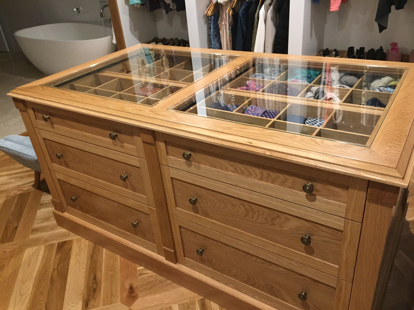 Bespoke custom made American oak double sided display chest of draws